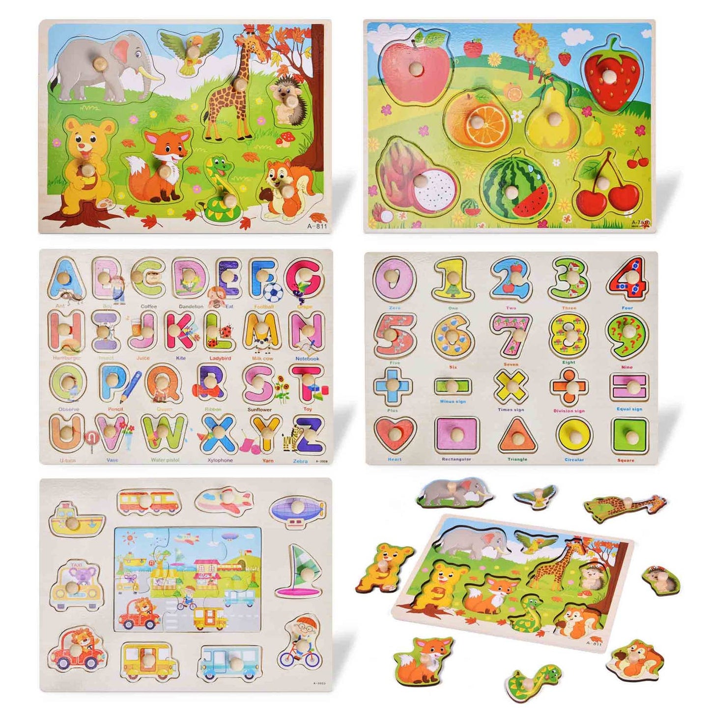 5 Pack of Wooden Peg Puzzles